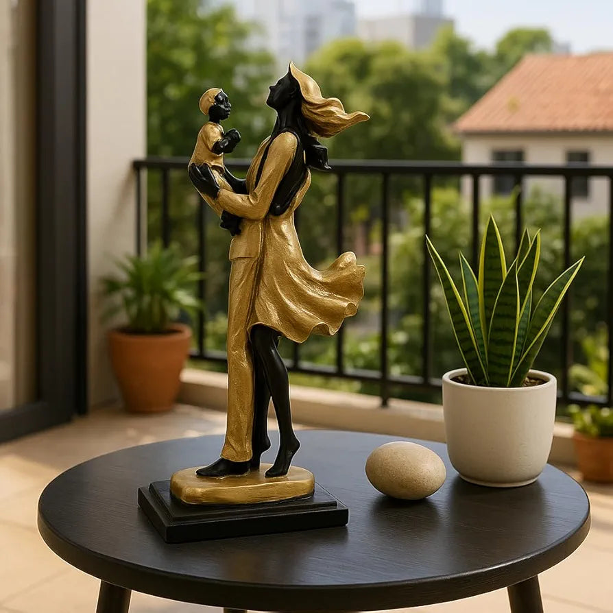 Xtore Lavish Golden Black Resin Couple Statue with Child for Home Decor 