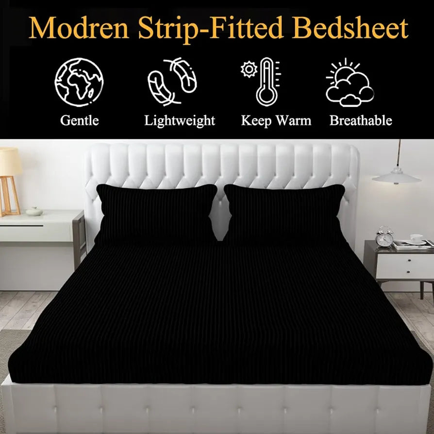 FRESH FROM LOOM Satin Striped Soft Fitted Bedsheet King Size Bed with Two Pillow Cover|Elastic Fitted Bed Sheets|Mattress Tuck in Bed Covers,240 TC,Black