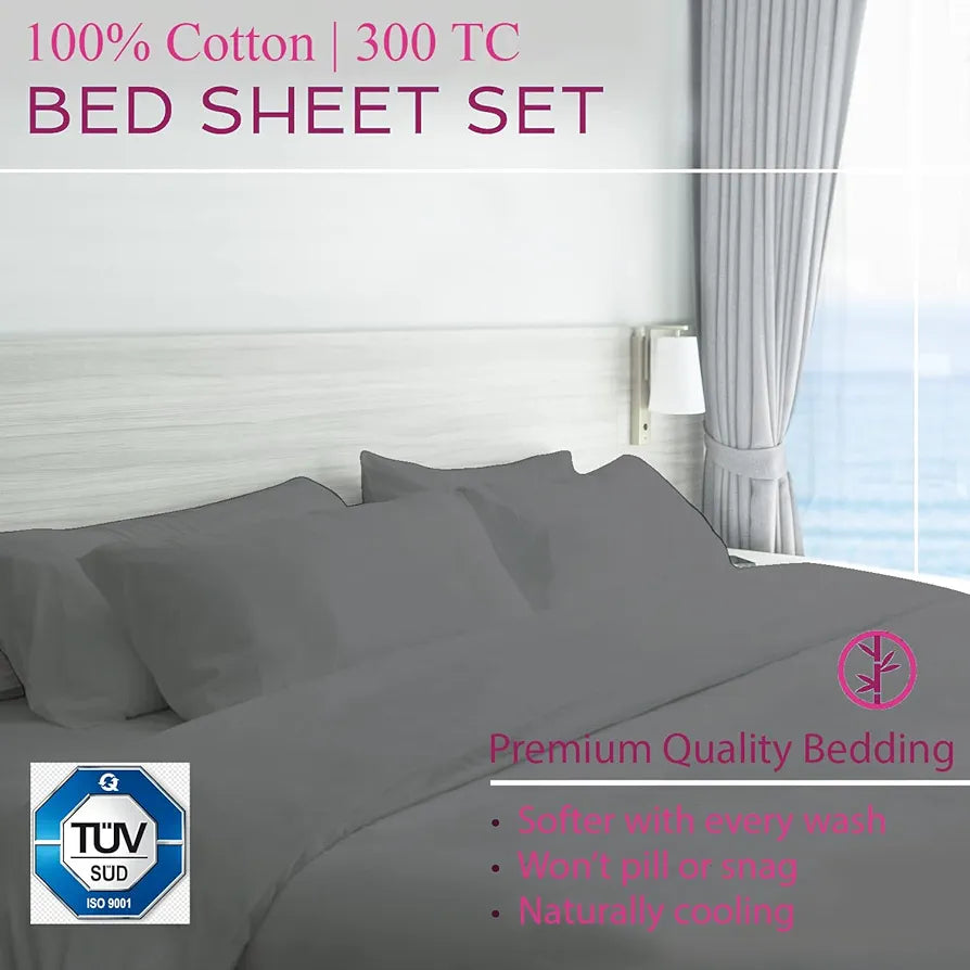 Trance Home Linen Premium 300 TC Pure 100% Cotton Queen Fitted Bedsheet with 2 Pillow Covers 