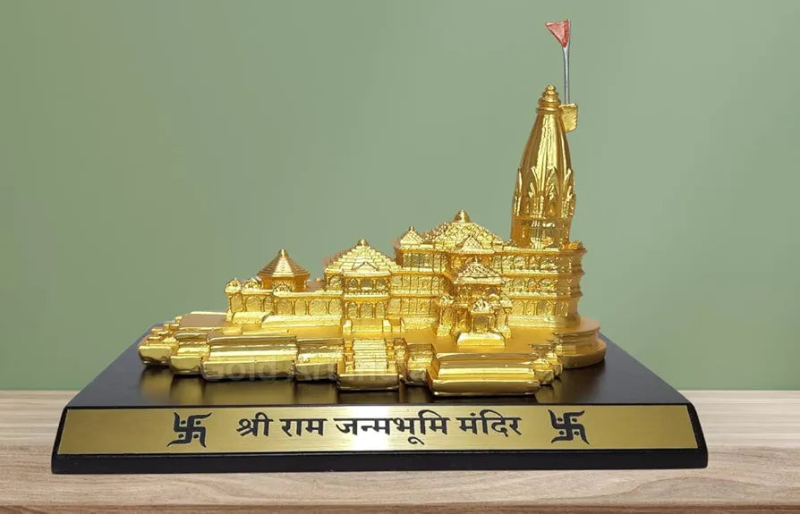 Gold Art India Ram Mandir Ayodhya Gold Plated Matte 24 Karat - Minature for Car Dashboard, Gifting, Puja Room, Office Desk, Home Decor 