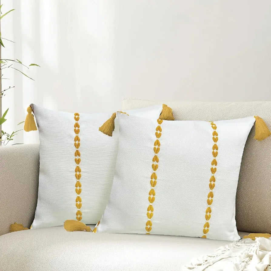 Urban Space Embroidered Cotton Cushion Cover Set of 2, 16 inch x 16 inch Cushion Covers for Sofa, Bedroom, Living Room 