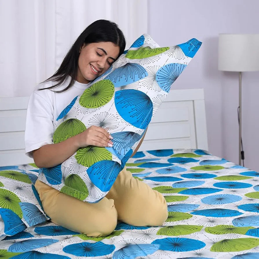 Divine Casa 144 TC 100% Cotton King Bedsheet with 2 Pillow Covers | Skin-Friendly Fabric for Everyday Comfort | 270 X 270 CM | Floral Pattern | Cyan