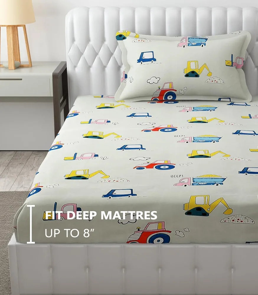 FRESH FROM LOOM Glace Cotton 300 tc Wrinkle Free Soft Hypoallergenic Elastic Fitted Bed Sheet With 1 Pillow Cover|Cartoon Printed |Cream), Smallsingle