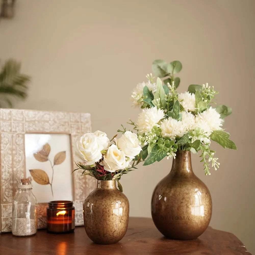 Behoma Antique Golden Metal Flower Vase for Home Decor| Decoration Item for Living Room Office| Table Decorative Flower Pot for Gifting |  