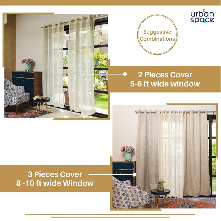 Urban Space Linen Textured Metallic Gold Foil Sheer Curtains for Door, 35-40% Room Darkening, Set of 2 Decorative Curtains with Tieback and Eyelets 