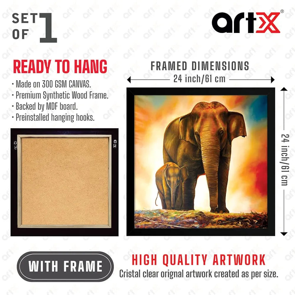 ArtX Elephant and Baby Abstract Big Canvas Painting For Bedroom With Frame, Multicolour, Square, 24.0 x 24.0 inch, 2x2 Feet, Set Of 1