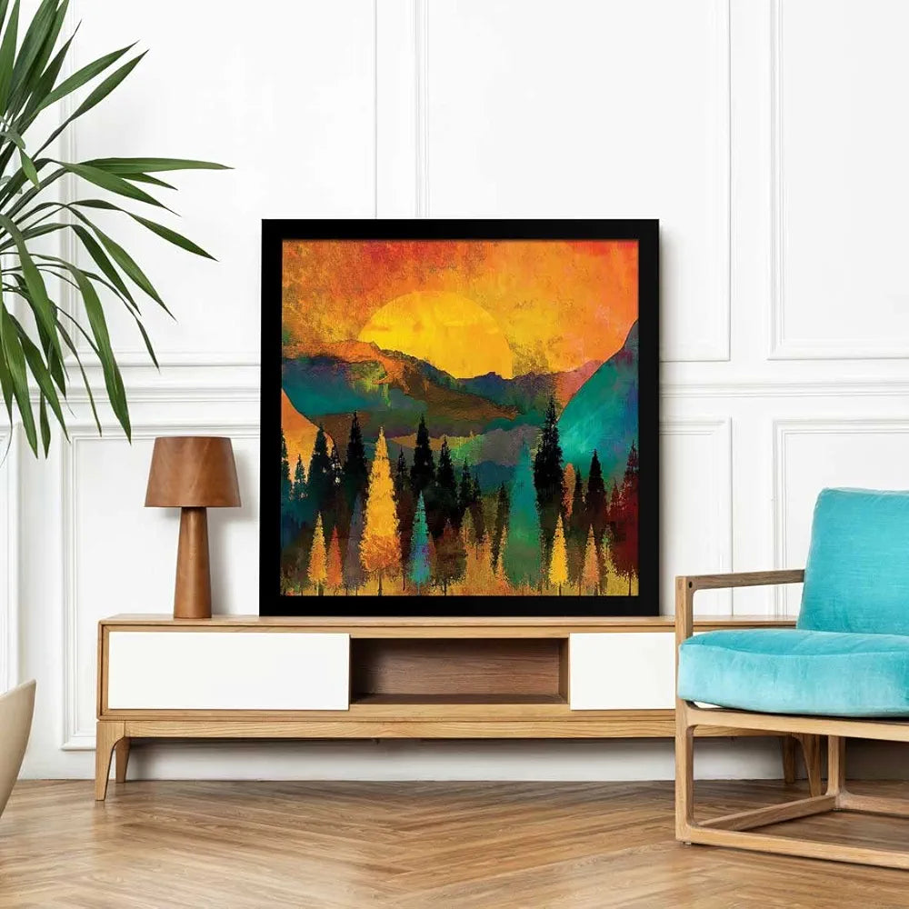 ArtX Forest Tree Sunset Big Canvas Painting For Bedroom and Living Room With Frame, Multicolour, Square, 24.0 x 24.0 inch, 2x2 Feet, Set Of 1
