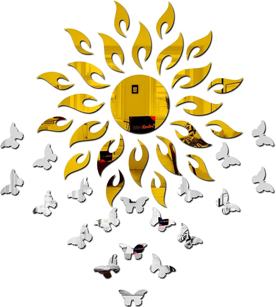 Bikri Kendra 3D Acrylic Mirror Golden Sun with Silver Butterfly Wall Stickers