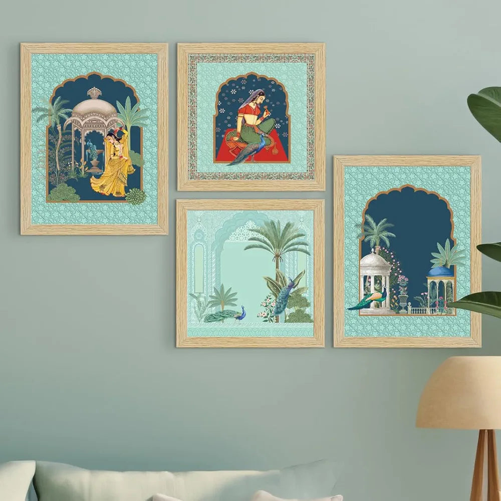 ArtX Paper Indian Madhubani Art Paintings with Frame for Home Decor, Wall Painting for Living Room, Multicolor, Set of 4