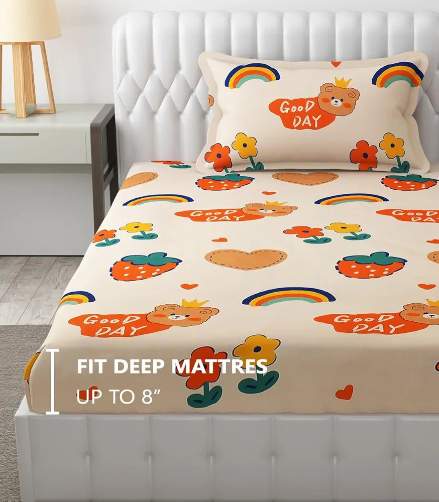 FRESH FROM LOOM Wrinkle Free Glace Cotton Elastic Printed Fitted Bedsheet For Kids For Single Bed With 1 Pillow Cover|Good Day),Small Single,Beige, 300 TC