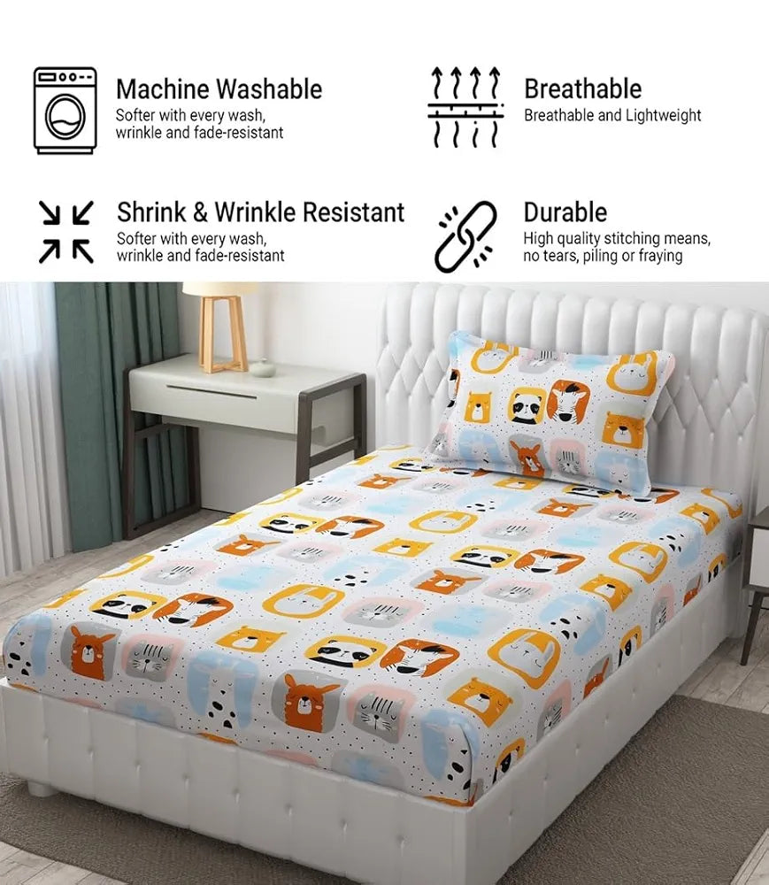 FRESH FROM LOOM Glace Cotton Wrinkle Free Soft Hypoallergenic Bed Sheet|Cartoon Printed|Single Bedsheet Kids Bedsheet For Boys & Girls Room With One Pillow Cover , 144 tc