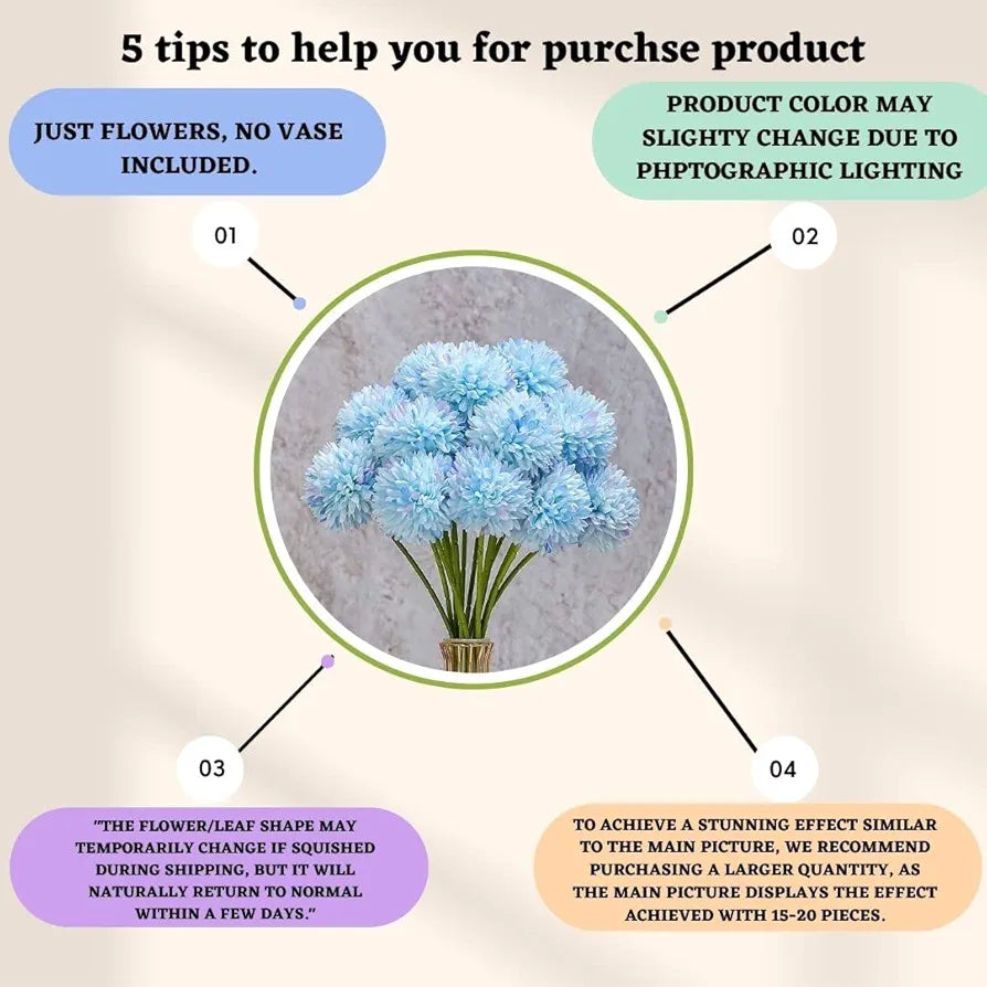 SATYAM KRAFT 5 Pcs Artificial Chrysanthemum Hydrangea Ball Flower Sticks for Home, Office, Bedroom, Balcony, Living Room, Wedding & Craft Decoration  