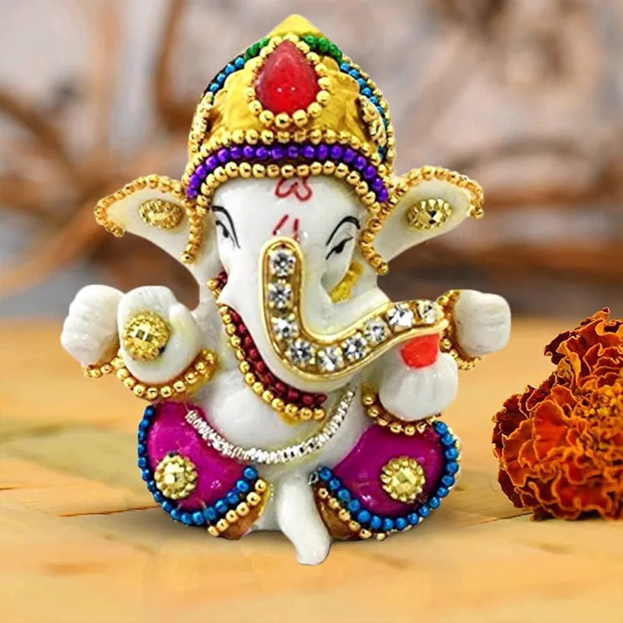 Karigaari India White Stone God Ganesha Car Dashboard Decor Statue | Hindu Idol God Ganesh Ganpati Decor Sculpture | Decorative Gift