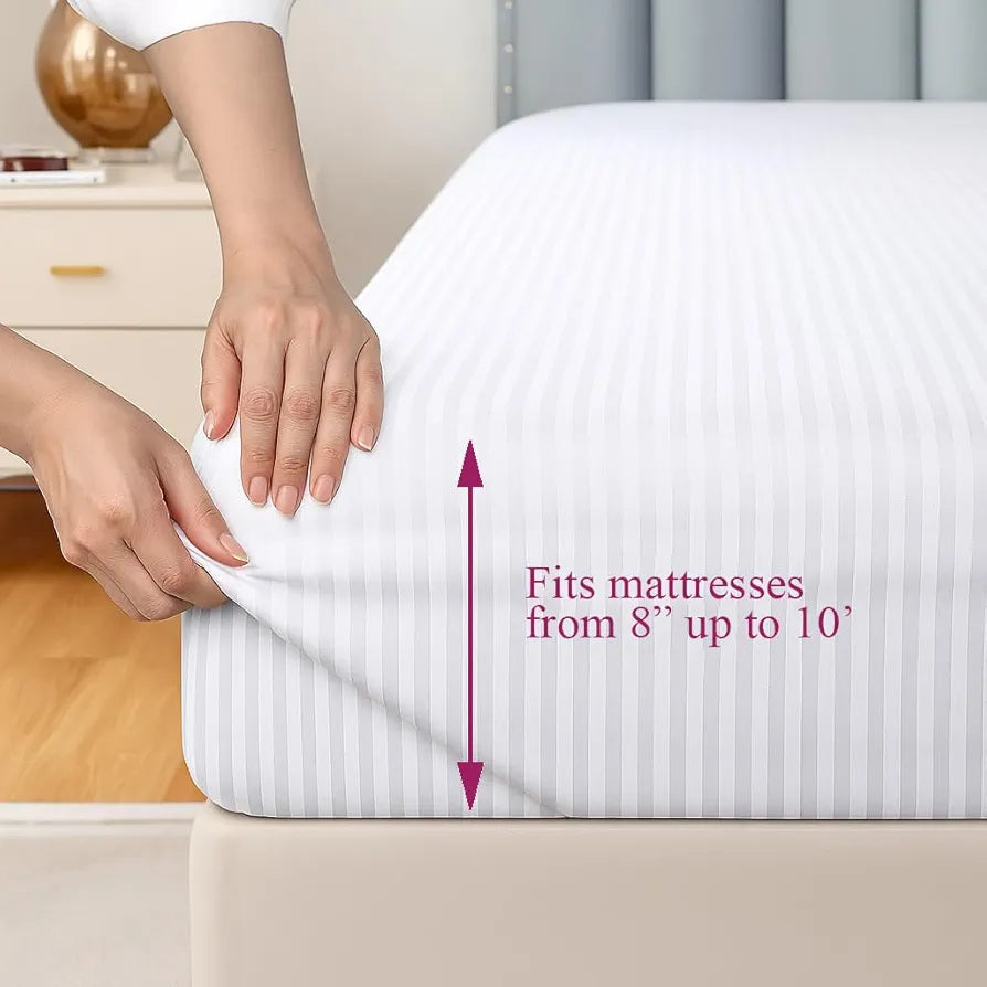 Trance Home Linen 100% Cotton 72x60 inch 200TC Satin Stripe Elastic Fitted Bedsheet | Daily Use Double Bed Fitted Bedspread with 2 Pillow Covers 