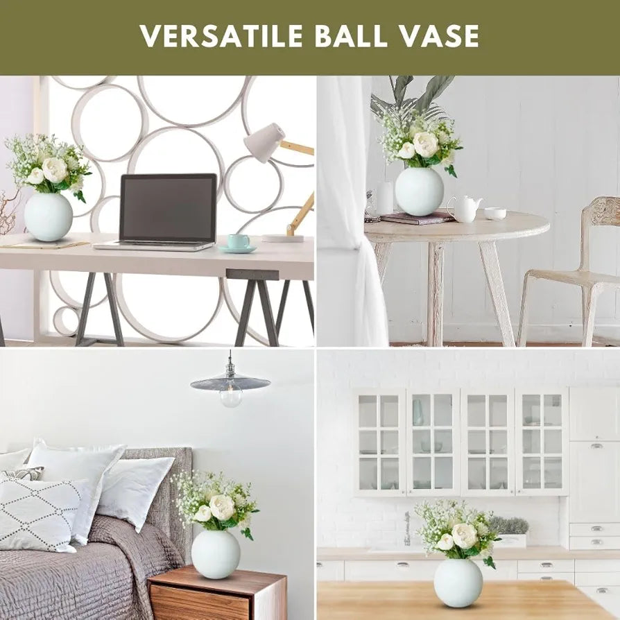 BEHOMA Metal Ball Flower Vase for Home Decor | Table Decorative Item for Bedroom Living Room Office Wedding | Best Gift for Birthday Anniversary Festival | White, Medium
