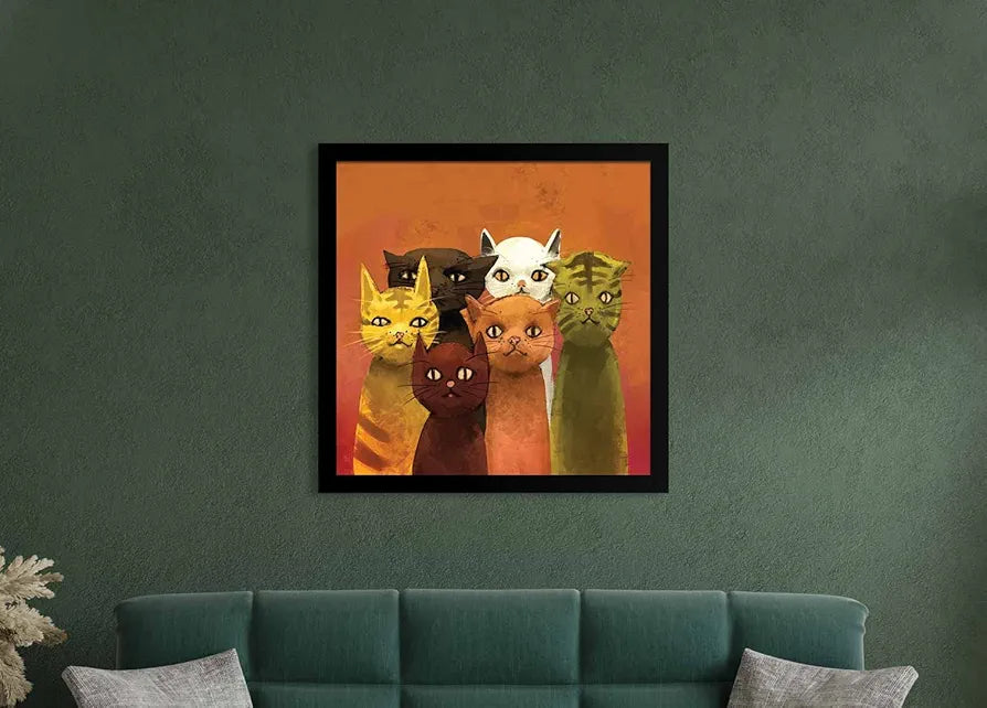 ArtX Group Cat Family Big Canvas Painting For Bedroom and Living Room With Frame, Multicolour, Square, 24.0 x 24.0 inch, 2x2 Feet, Set Of 1