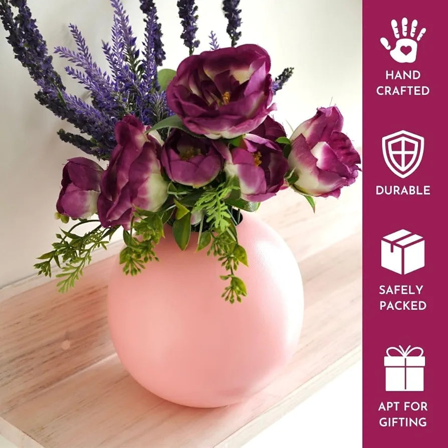 BEHOMA Metal Ball Round Vase for Home Decor | Table Decorative Item for Bedroom Living Room Office Wedding | Best Gift for Birthday Anniversary Festival | Pink, Medium