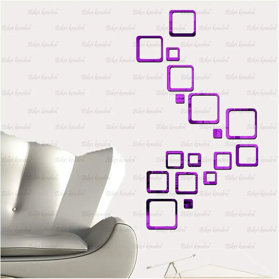 Bikri Kendra Ind - Sun Silver with 12 Square Purple Mirror Stickers for Wall, DecorStickers, Acrylic, Wall Stickers for Hall Room, Bedroom, Kitchen.