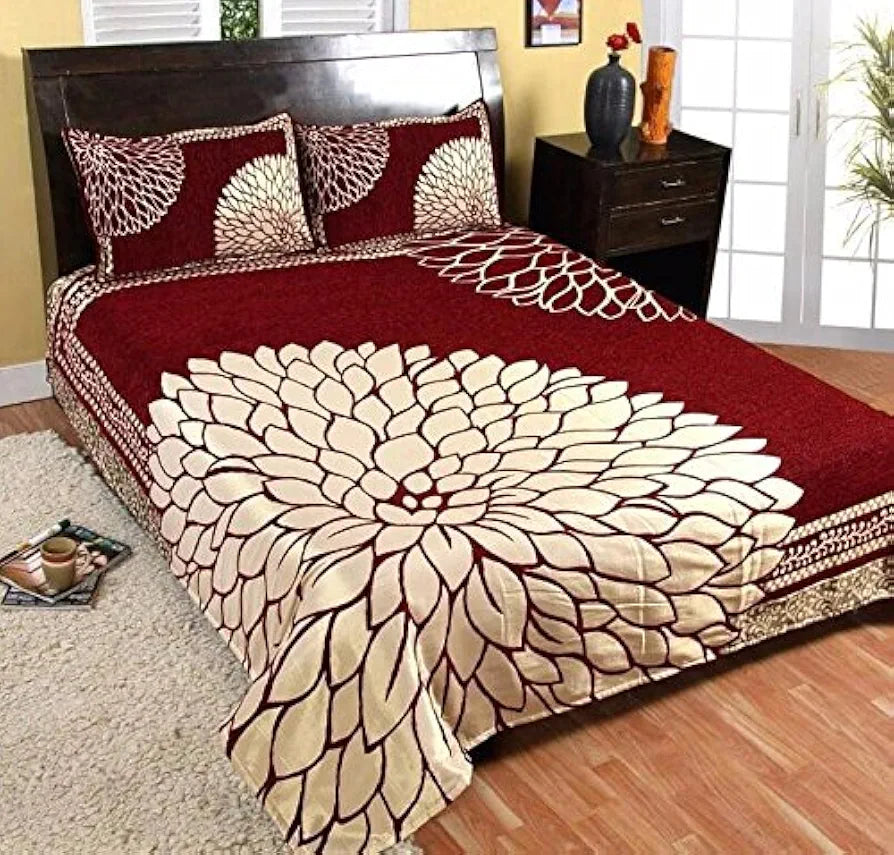 FRESH FROM LOOM Floral Chenille Velvet 500 TC 1 Double Bed King Size Bedsheet with 2 Pillow Cover 