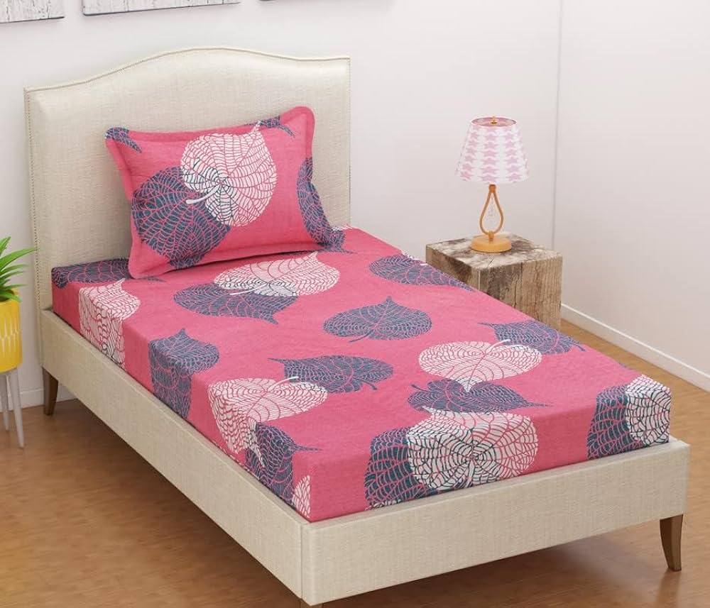 BSB HOME Premium Forever Modern Style Glace Cotton Floral Luxurious Beautiful Soft Comfort Designer Floral Pattern 1 Single Size Bed bedsheet and 1 Pillow Cover- Light Pink & Grey