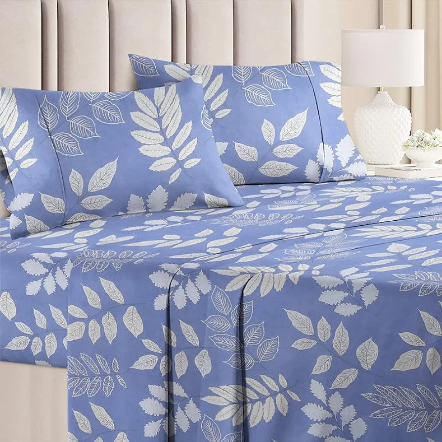BSB HOME Prime Collections 160tc Pure Microfiber Glace Cotton Breathable Supersoft Wrinkelfree Double Bedsheet with 2 King Size Pillow Covers Royal Blue White Leaf