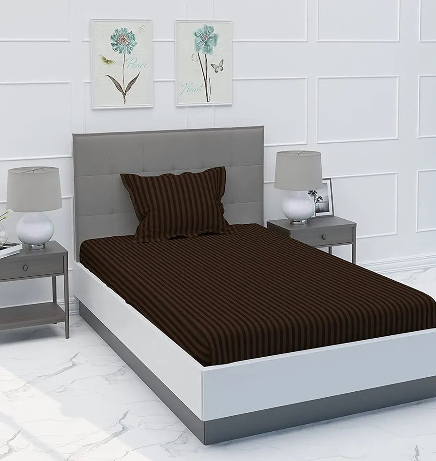 Purav Light Microfiber Flat Single Bed Bedsheet| Plain Striped Cotton Bedsheet with 1 Pillow Cover for Queen Size Bed| Supersoft 340 TC| Breathable| Wrinklefree| 