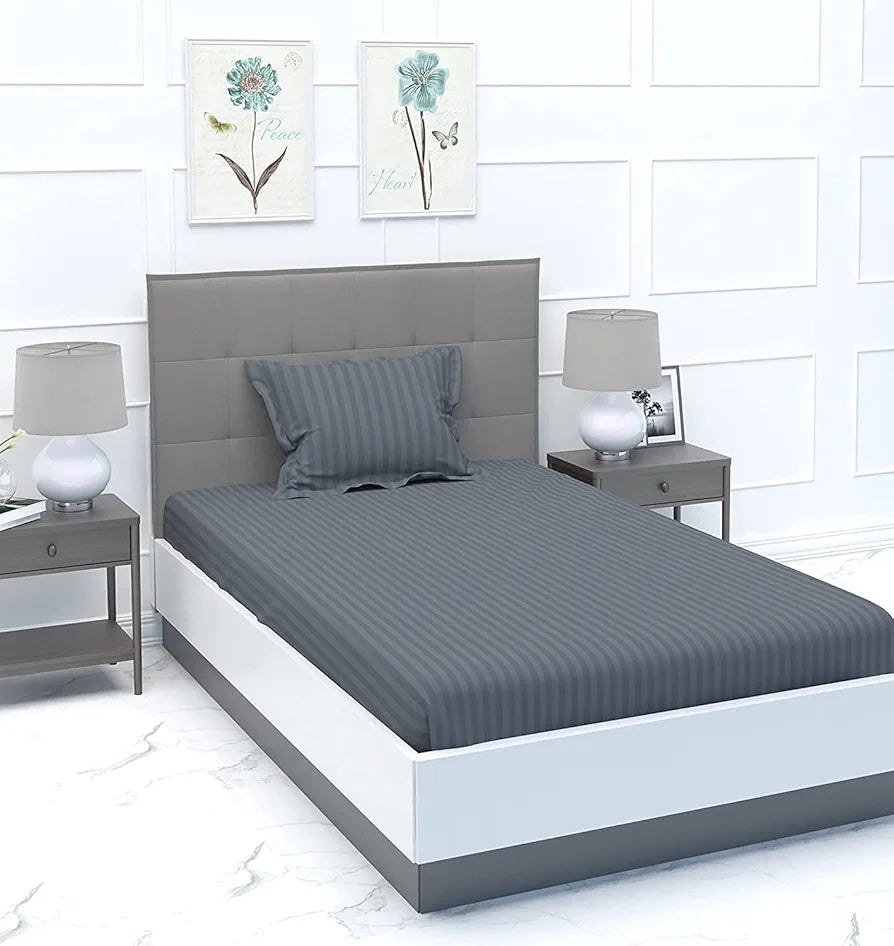 Microfiber Flat Single Bed Bedsheet| Plain Striped Cotton Bedsheet with 1 Pillow Cover for Queen Size Bed| Supersoft 340 TC| Breathable| Wrinklefree| 