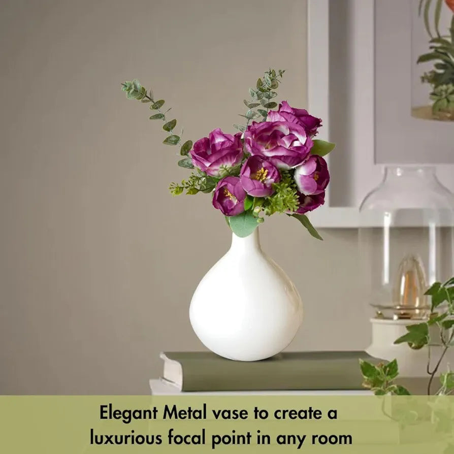 BEHOMA Metal Flower Vase For Home Decor Balcony Living Room Office | Table Decorative Showpiece Item For Festivals Birthday Off White Tall Vase , Round
