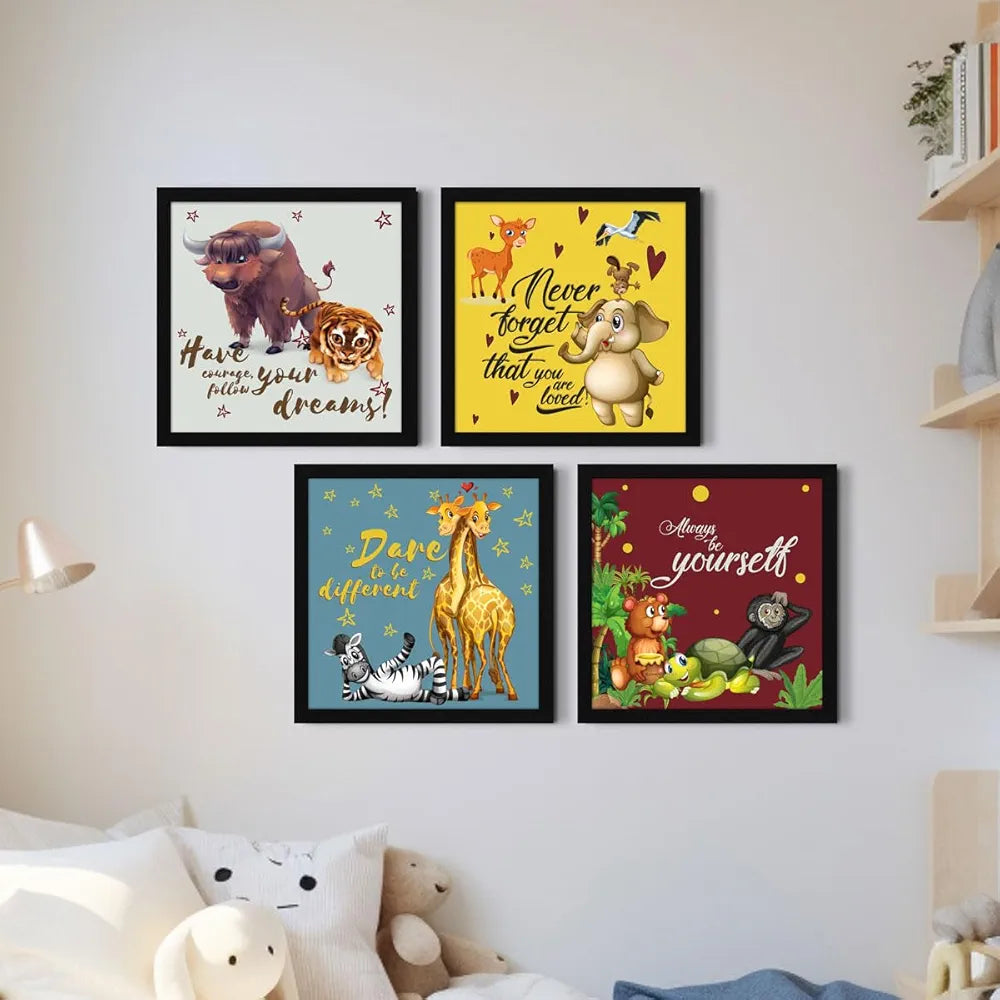 ArtX Set of 4 Cartoons Animals Kids Room Wall Art Painting, Framed Paintings 20 X 20 inches, 10 X 10 each, Multicolor, Synthetic Wood, Set Of 4 Wall Art 