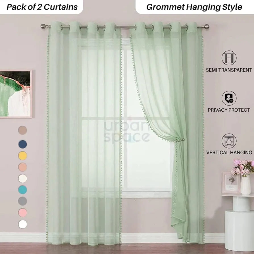 Urban Space Linen Textured Sheer Curtain for Door, 35-40% Room Darkening, Decorative Curtains with Tieback, Eyelets Hanging Style, Set of 2 Curtains - Mint Green with pom pom 