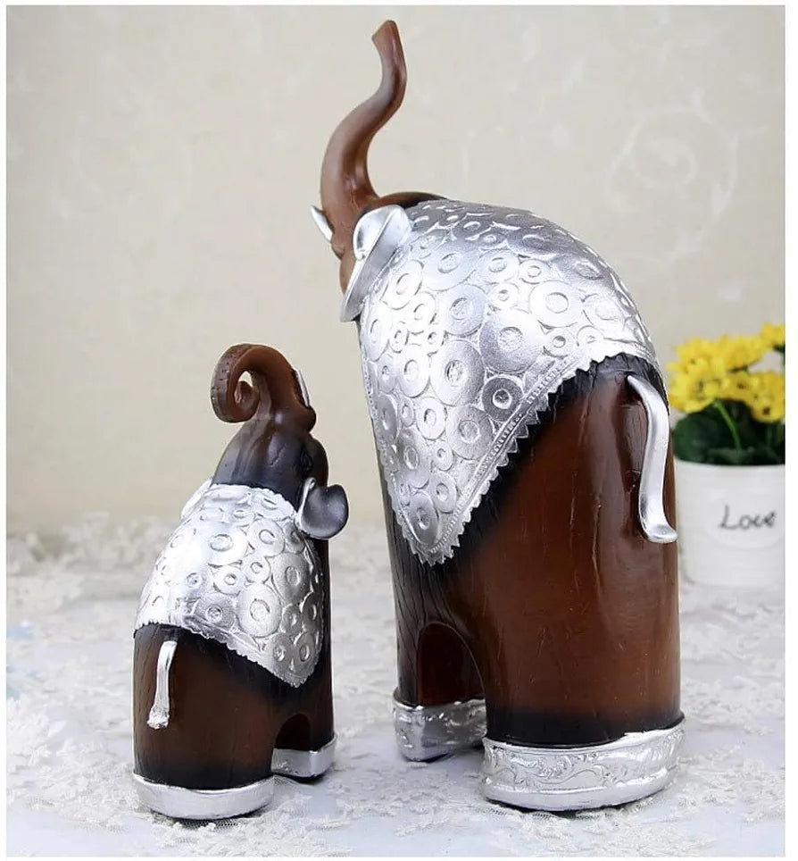 Xtore¨ Thai Style Elephant Figurines Mother & Child Elephant Fengshui Resin Sculptures for Home Decor Ornament - Set of 2, Brown