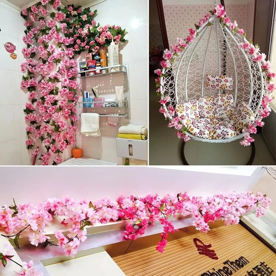 SATYAM KRAFT 1 Lines Artificial Cherry Blossom Rattan Flowers Vine | Hanging Garland for Home, Office, Mandir & Pooja Room | Diwali, Deepawali, Navratri & Wedding Festival Decoration 
