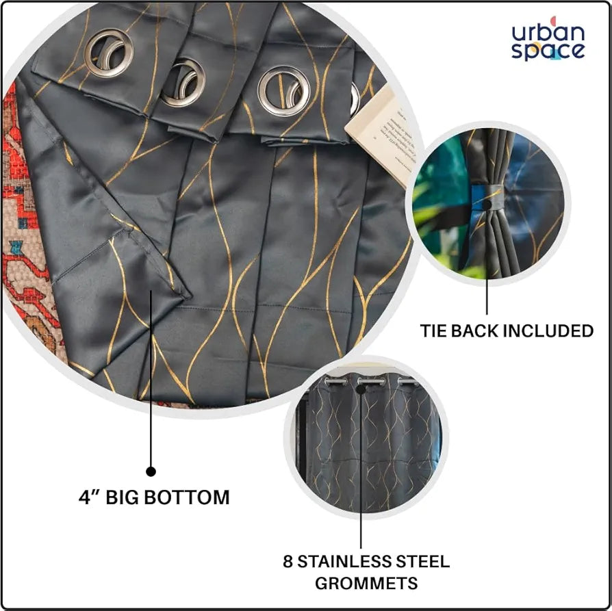 Urban Space Blackout Curtain for Living Room, Gold Foil Printed Luxurious 80-85% Blackout Decorative Curtain Eyelet with Tieback Curtains for Home Decor, 1 Piece 