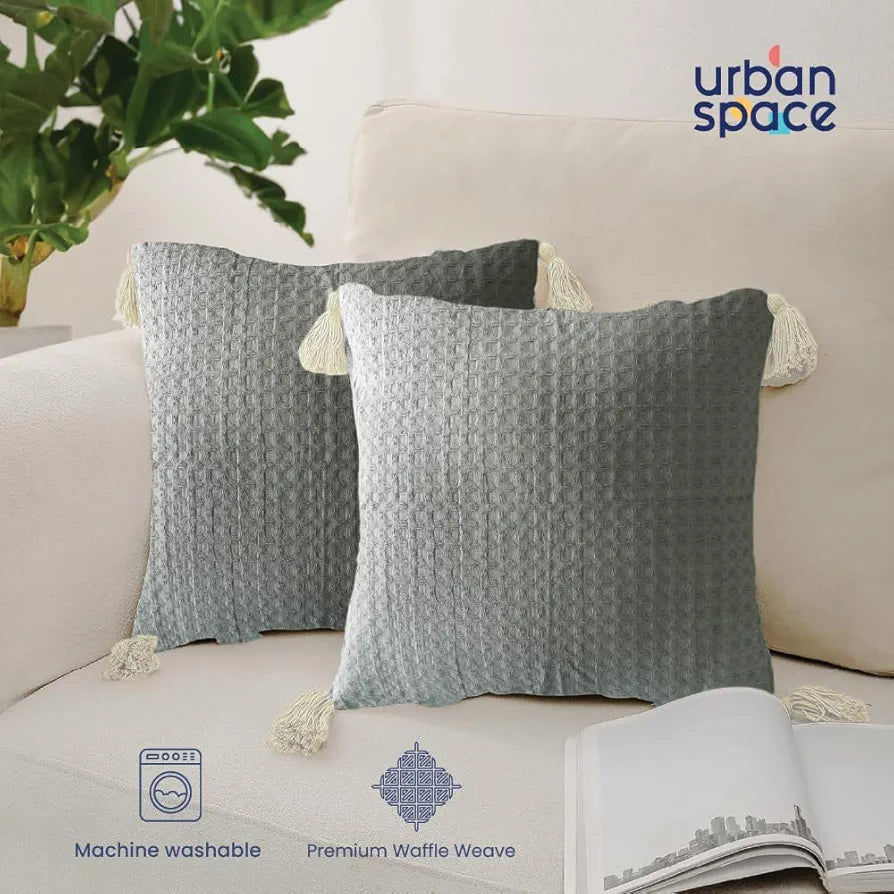 Urban Space Waffle Cotton Cushion Cover Set of 2, 16 inch x 16 inch Cushion Covers for Sofa, Bedroom, Living Room 
