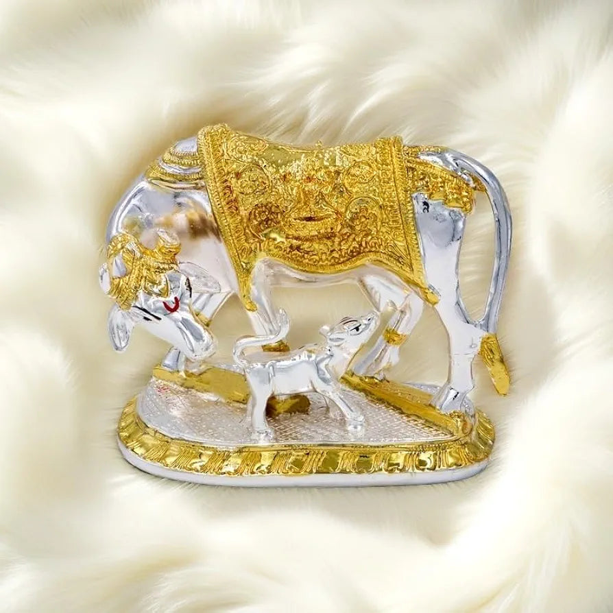 JAIPUR ACE Kamdhenu Cow with Calf Statue, Standard Size, Golden   
