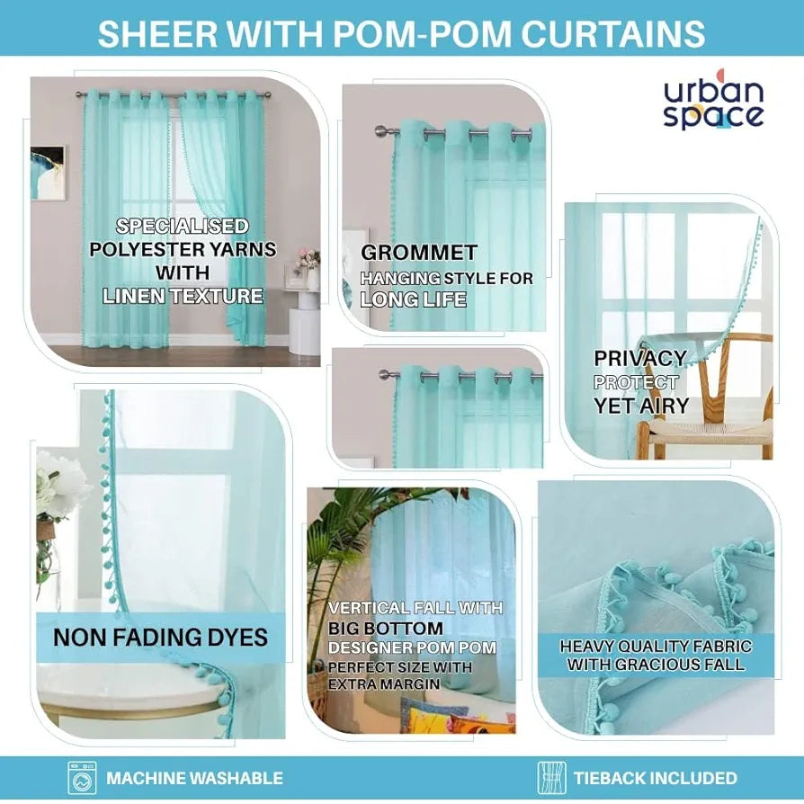 Urban Space Linen Textured Sheer Curtain for Door, 35-40% Room Darkening, Decorative Curtains with Tieback, Eyelets Hanging Style, Set of 2 Curtains - Mint Green with pom pom 
