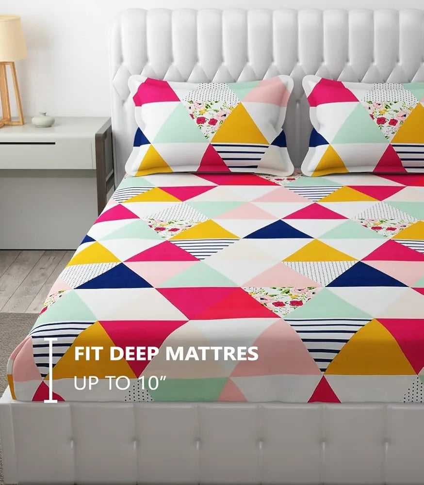 FRESH FROM LOOM Soft Glace Cotton Fitted Bedsheet King Size Bed With Two Pillow Cover,Elastic Fitted Geometric Bed Sheets,Bed Covers For Mattresses Tuck In,144 TC