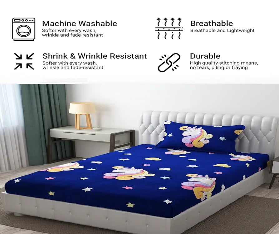 FRESH FROM LOOM Glace Cotton Wrinkle Free Soft Hypoallergenic Bed Sheet | Cartoon Printed Single Bedsheet Size for Kids with 2 Pillow Cover , 144 TC