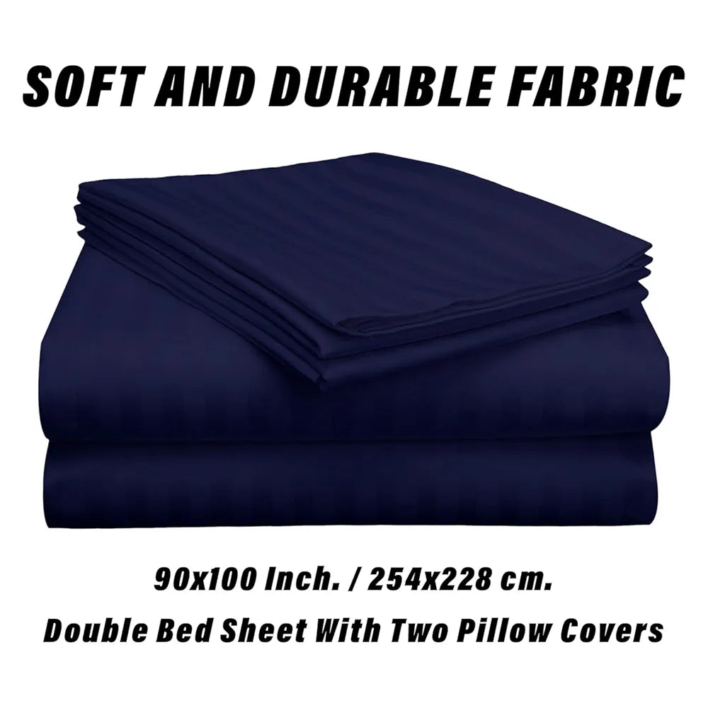 Kuber Industries Double Bedsheet with 2 Pillow Covers | 144 TC Glace Cotton Bedsheet | Satin Striped Bedsheet for Home | Hotel | Bedroom | 90x100 Inch | Blue