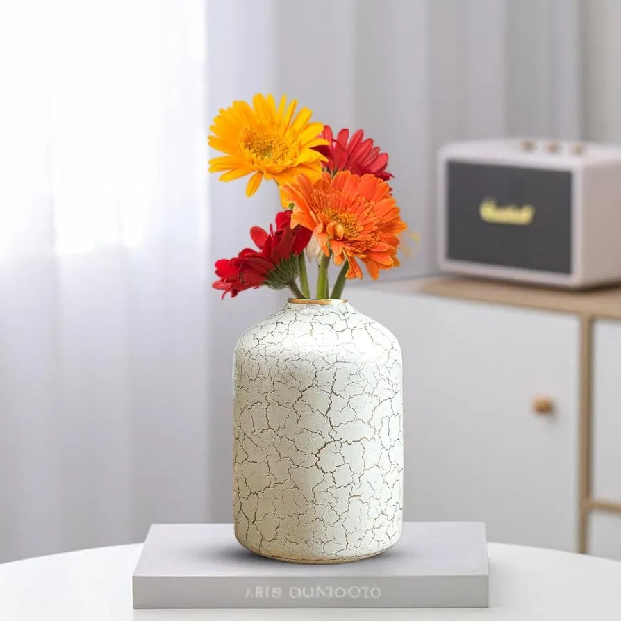 Behoma Metal Flower Vase for Home Decor Bedroom Living Room Office Wedding | Table Decorative Item for Festivals Birthday Off-White Crackled 1Pcs 