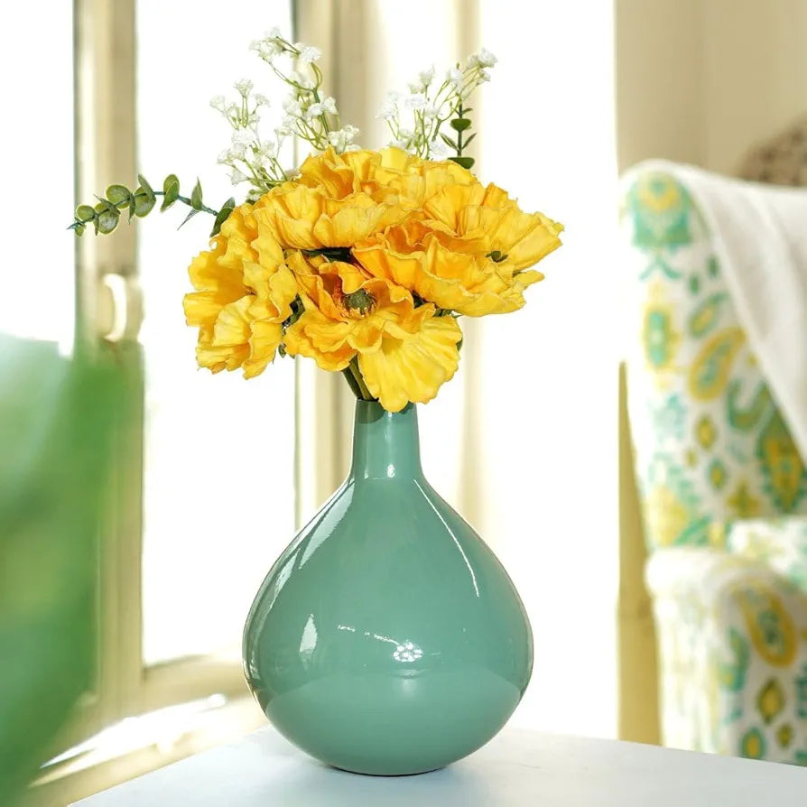BEHOMA Metal Round Flower Vase for Home Decor Bedroom Living Room Office Wedding|Table Decorative Item for Festivals Birthday Sea Mist Green Tall Vase 
