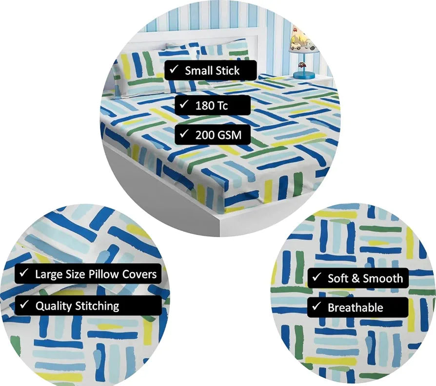 HOMEKART Premium Cotton Elastic Fitted Bedsheets with 2 King Size Pillow Covers Double Bed with All Around Elastic Supersoft Size - 72 x 78 +10 inches Stick Print White Green 200 tc - 220 tc