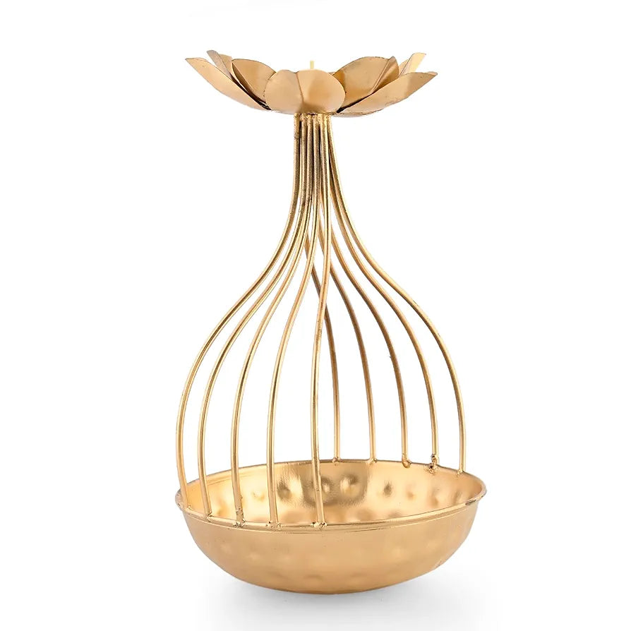 CraftVatika Metal Lotus Tealight Candle Holder for Diwali Decoration Items for Home with Base of Urli Bowl, Diwali Gift Items,- Gold 
