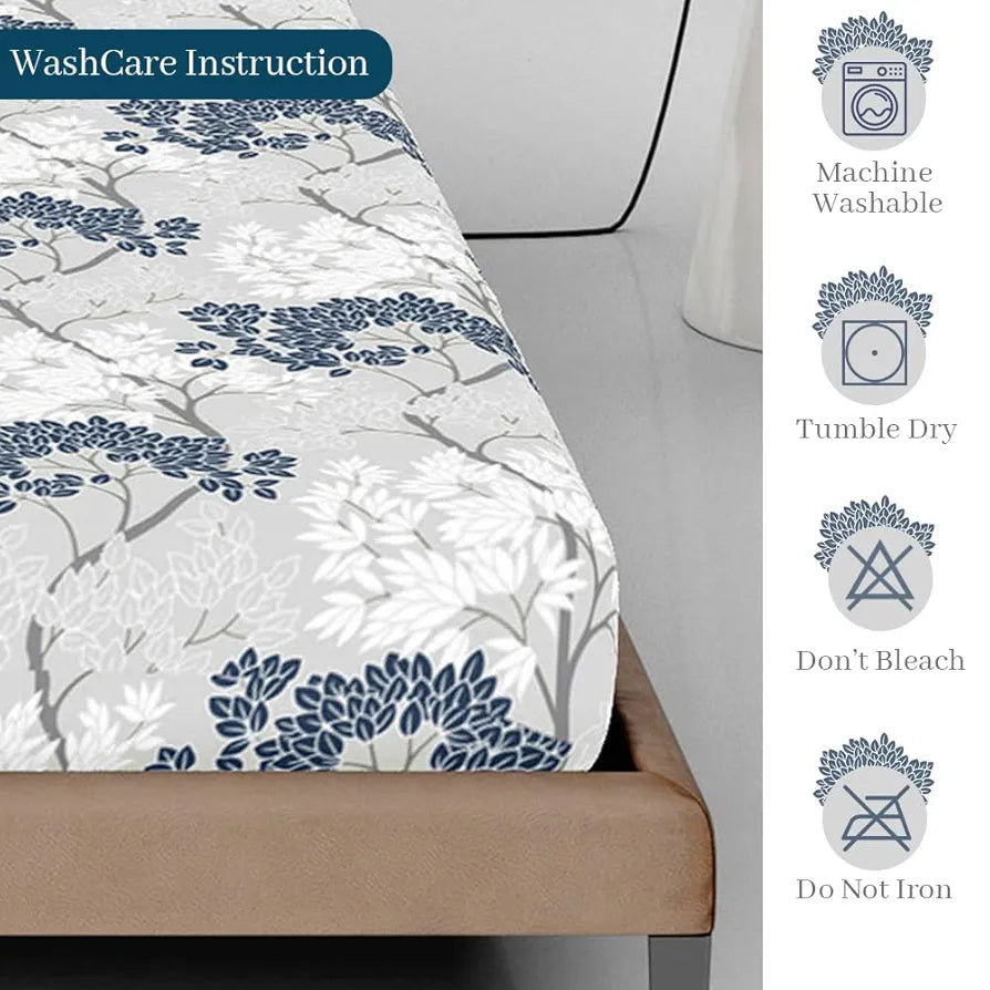 Divine Casa 144 TC 100% Cotton Floral Pattern Elastic Fitted Queen Size Bedsheet with 2 Pillow Covers | Cream & Brown Print, Ideal for Bedroom