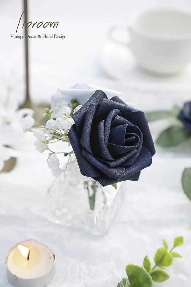 Floroom Artificial Flowers 50pcs Real Looking Navy Blue Fake Roses with Stems for DIY Wedding Bouquets Bridal Shower Centerpieces Floral Arrangements Party Tables Home Decorations