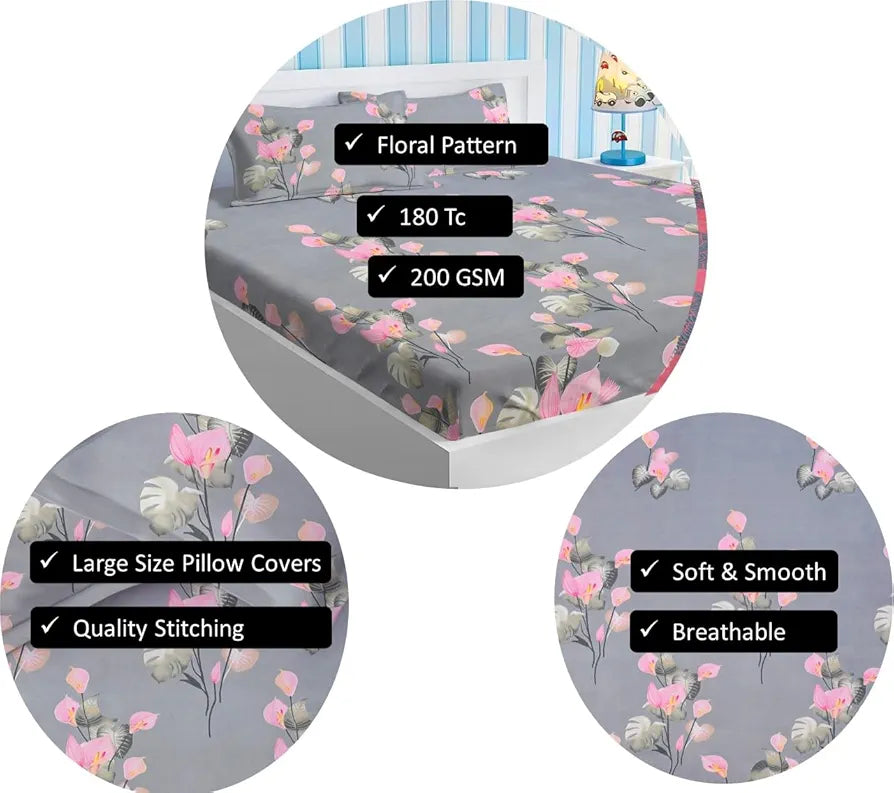Premium Cotton Elastic Fitted Bedsheets with 2 King Size Pillow Covers Double Bed with All Around Elastic Supersoft Size - 72 x 78 +10 inches Flower Print Pink and Grey 200 tc - 220 tc