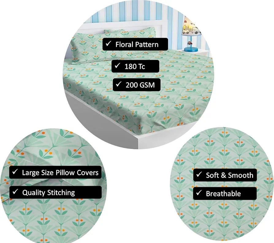 Premium Cotton Elastic Fitted Bedsheets with 2 King Size Pillow Covers Double Bed with All Around Elastic Supersoft Size - 72 x 78 +10 inches Flower Print Light Green Orange 200 tc - 220 tc