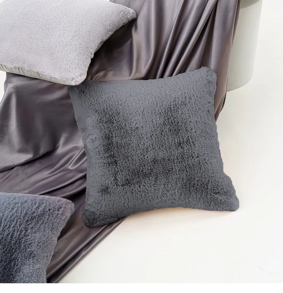 Luxe Home Cushion Cover 16 inch x 16 inch One Side Rabbit Fur Plain Design Covers Set of 2 for Sofa, Bedroom, livingroom 