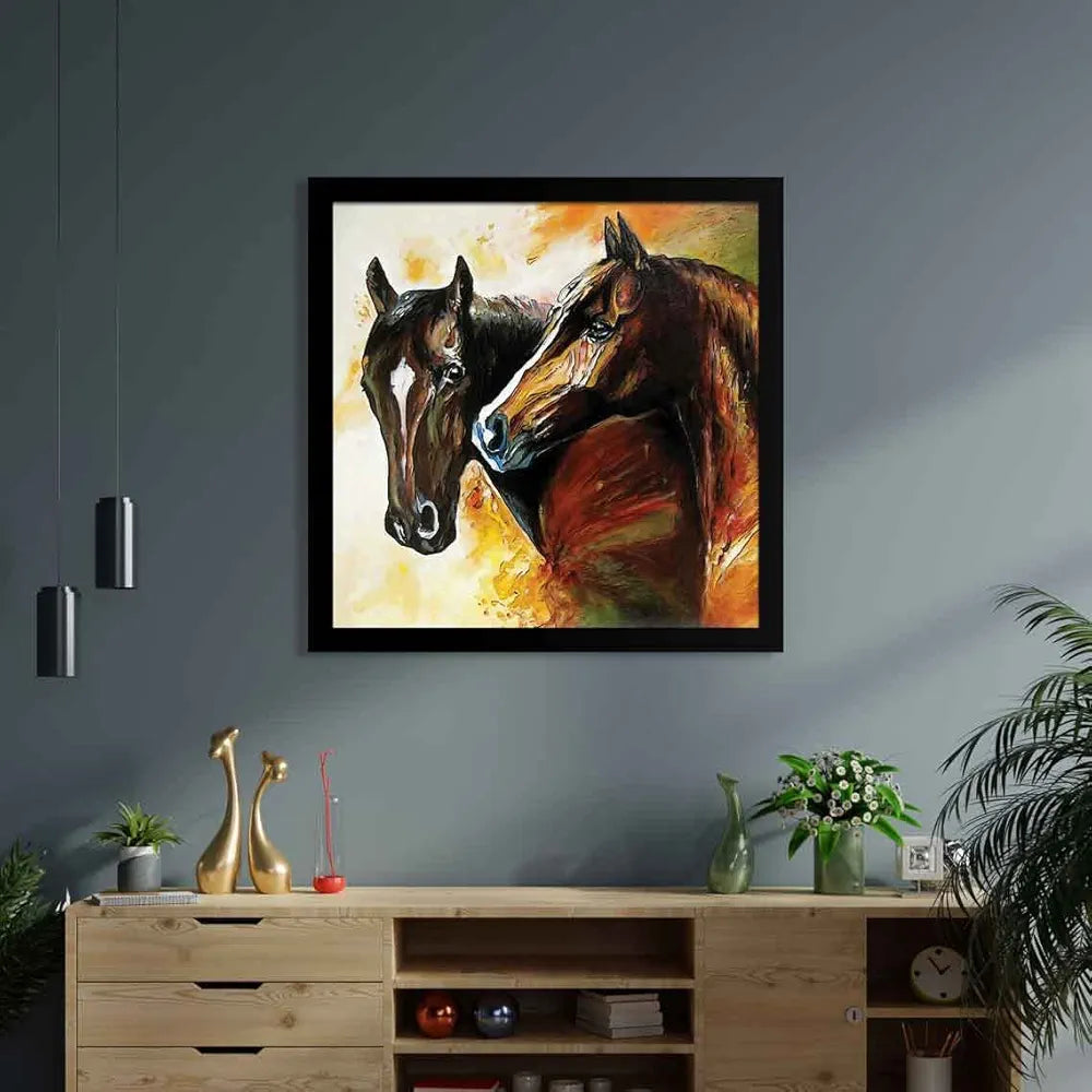 ArtX Two Horse Big Canvas Painting For Bedroom and Living Room With Frame, Multicolour, Square, 24.0 x 24.0 inch, 2x2 Feet, Set Of 1