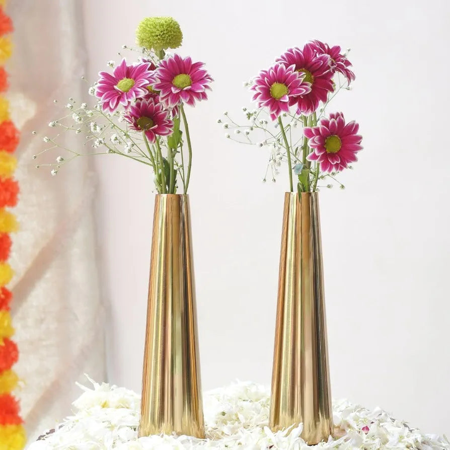 Behoma Golden Metal Slim Cone Flower Vase for Home Decor Bedroom Living Room Office Wedding Table Decorative Item for Festivals Birthday Valentine's Day  Small 